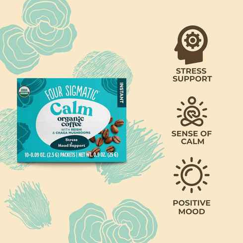 10 Packets Four Sigmatic Calm Organic Instant Coffee | Medium Roast Arabica with Reishi & Chaga Mushrooms for Stress