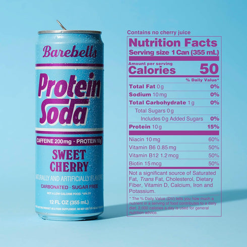 10g 200mg 12 oz Barebells Protein Soda Sweet Cherry, Protein, Caffeine, Sugar Free Energy Drink, fl