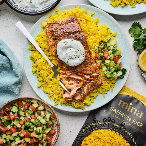8 oz (Pack 6) Mina Saffron Rice, Yellow Rice, With Extra Virgin Olive Oil, Ready to Eat Rice Pilaf, Side Dishes