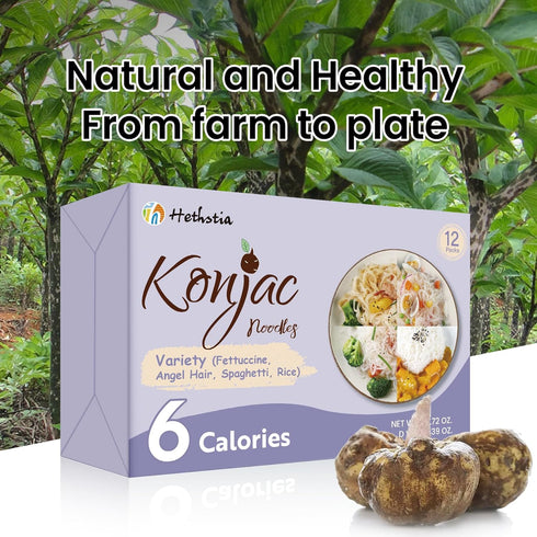 Pack 12 Pack Hethstia Konjac Noodles Variety Shirataki Noodles Spaghetti, Fettuccine, Angel Hair, and Rice Shapes, Low