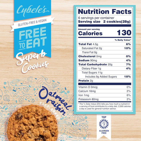 Cybele’s Free To Eat Gluten-Free & Vegan Cookies - 12 Cookies Per 6 oz Box, Oatmeal Raisin, Plant-Based