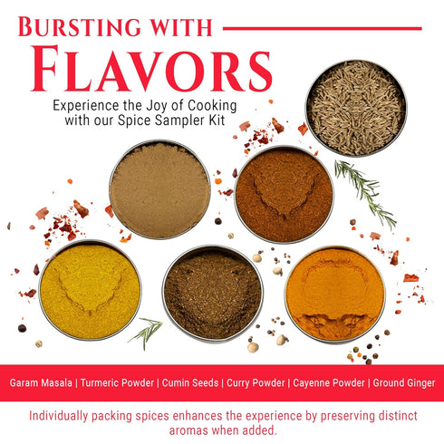 Set 6 3 Indian Spice Sampler Kit Gift by Flavor Temptations | Salt-free, Gluten-free Spices including Garam Masala