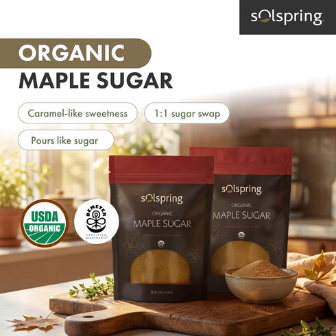 16 oz, 2 Pack Solspring Organic Maple Sugar, Granuated, Made in U.S.A, Sugar Alternative, Certified USDA Organic, Dr.
