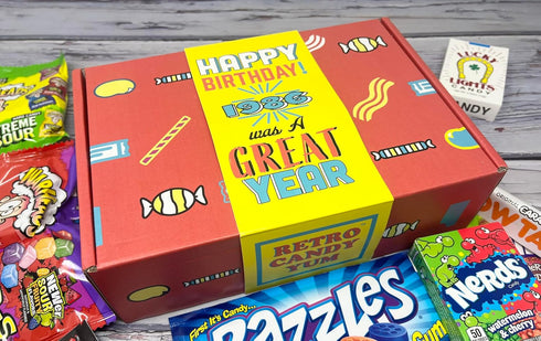 1986 40th Retro Childhood Candy Gift Basket Box Assortment for Birthday Man or Woman Jr