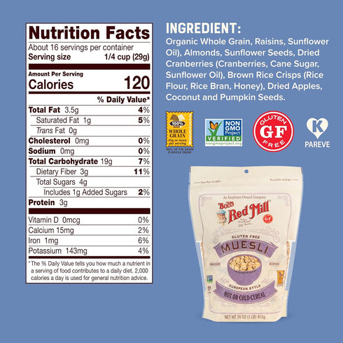16oz (Pack 1) Bob's Red Mill Gluten Free Muesli, of - Gluten Free, Non GMO, Kosher
