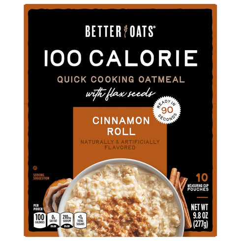 Better Oats 100 Packets, 90 10 (Pack 6) Calorie Cinnamon Roll Oatmeal Flax Seed and Whole Grain Breakfast, Cooks