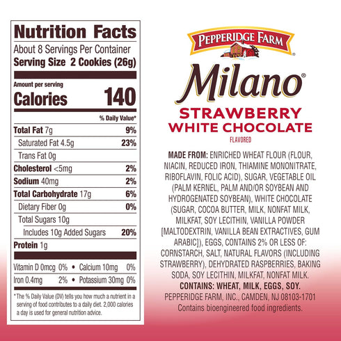 7 Oz Pepperidge Farm Milano White Chocolate Strawberry Flavored Cookies, Bag