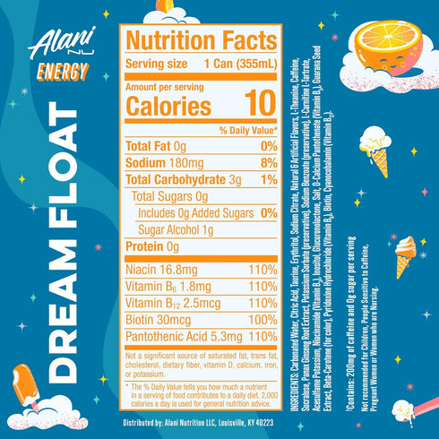 200mg 10 12 Oz 24 Pack Alani Nu DREAM FLOAT, Sugar Free, Low Calorie Energy Drinks, Caffeine, Biotin, B Vitamins, Zero
