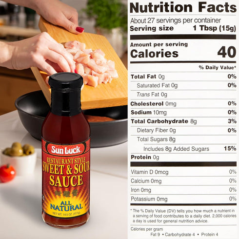 14.5 oz Sun Luck Restaurant Sweet & Sour Sauce Bottle Classic Sweet-Tangy Dipping Sauce for Egg Rolls & Appetizers;