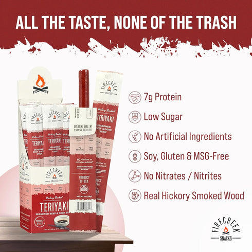 FireCreek Snacks 20 Pack (1 oz), 7g 110 (20, Beef Sticks by , Hickory Smoked Meat Sticks (Jerky Sticks), Protein