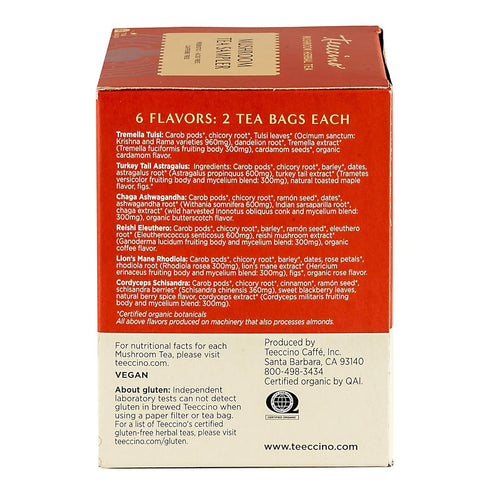 Teeccino Mushroom Herbal Tea - Mushroom Adaptogen Tea Sampler with 12 Tea Bags, Support Your Health with Mushrooms