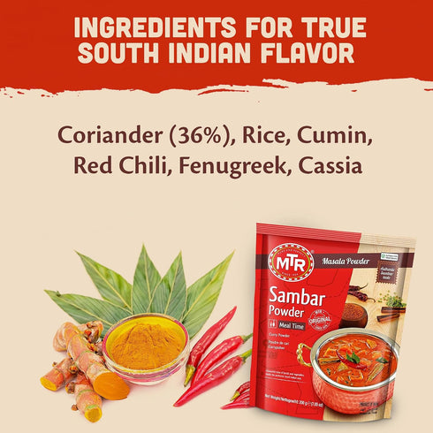 200g MTR Sambar Ready Mix Authentic Indian Curry Powder Blend of Turmeric, Red Chili, Fenugreek & Asafoetida Great