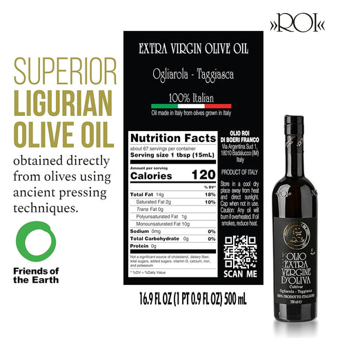 16.91 oz (500 ml) ROI Monocultivar Taggiasca Extra Virgin Olive Oil from Liguria Italy - Italian Olive Oil from Italy