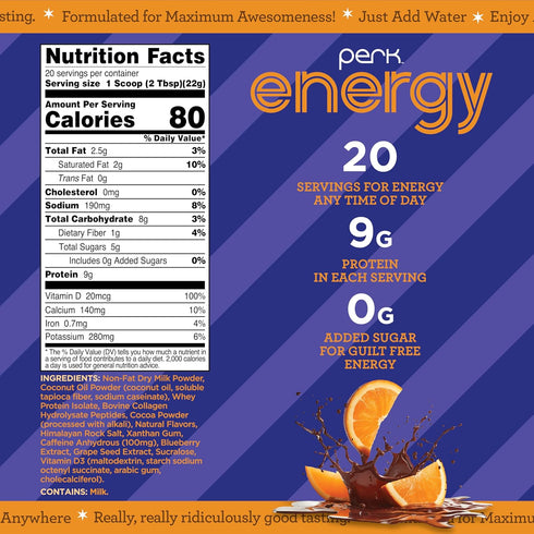 20 100mg Perk Energy Drink Mix (Chocolate Orange) Servings - Caffeinated Healthy Coffee Alternative with Protein