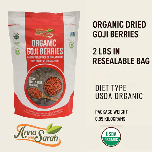 2 Lbs Anna and Sarah Organic Dried Goji Berries, in Resealable Bag