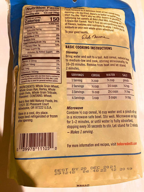 5 16 Oz (Pack 4) Bob's Red Mill Grain Rolled Hot Cereal