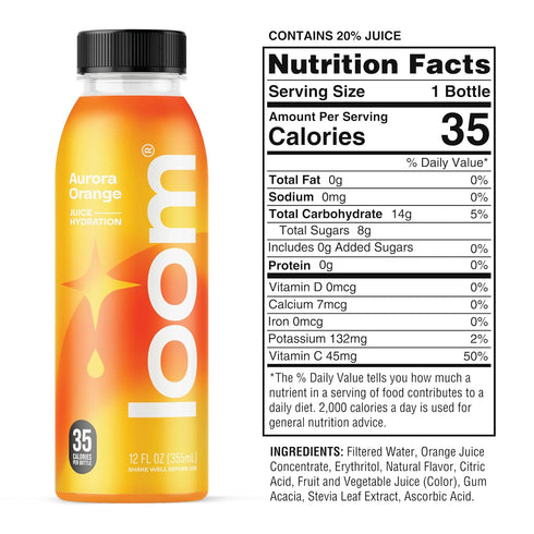 30 12 oz 12 pack Aurora Orange Juice Drinks by Loom, Low Sugar Juice, Real Fruit, No Added Sugar, Healthy Hydration
