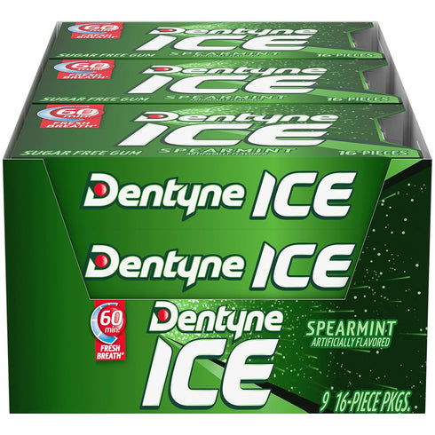 Dentyne Ice Spearmint Sugar-Free Chewing Gum, 9 Packs of 16 Pieces (144 Total)