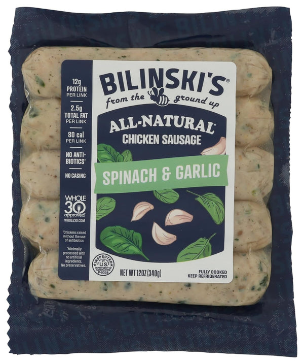 Bilinski Spinach & Garlic Chicken Sausage, 12 OZ
