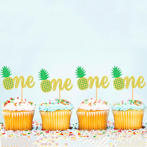 Ercadio 24 Pack Pineapple Cupcake Toppers - Glitter Pineapple 1st Birthday Cupcake Picks for Hawaii Luau Tropical Party