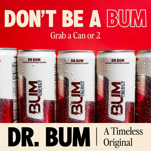 12 oz, 12-Pack BUM Sugar-Free Energy Drink, Dr BUM - Lightly Carbonated & No Artificial Colors, Natural Caffeine