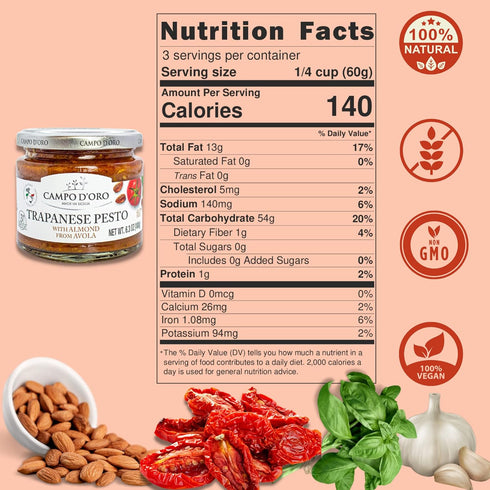 Trapanese Pesto Sauce, Tomato, Basil & Almonds, 6.3oz (180g), 100% Made in Italy