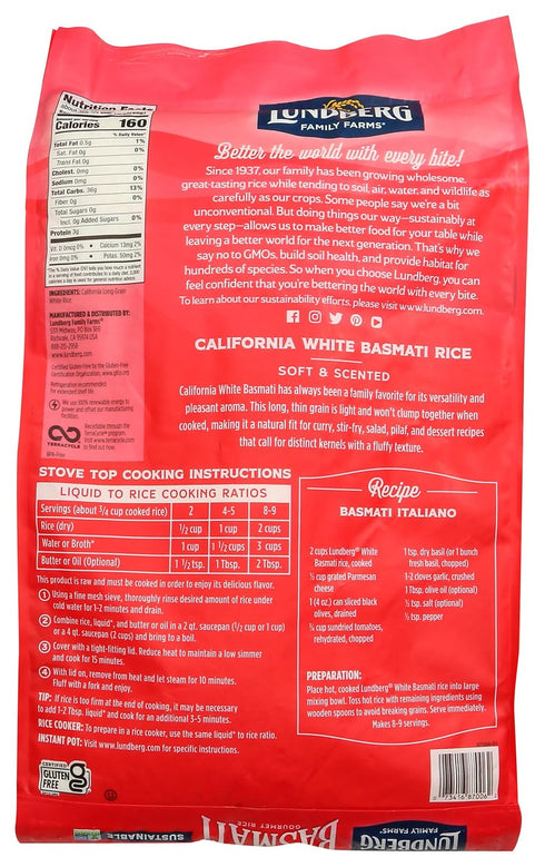 (10lb) Lundberg Family Farms - White Basmati Rice, Premium Long Grain Bulk Rice, Non-Sticky Texture, California-Grown