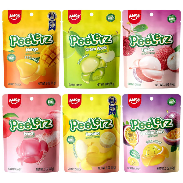 AMOS Peelerz Peelable Gummy Candy Variety Pack, Mango White Peach Banana Green