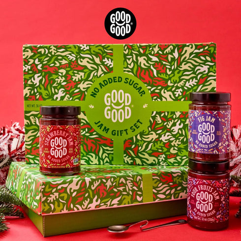 GOOD GOOD Assorted No Added Sugar Jam Gift Box - Strawberry, Fig & Four Fruits Jam Bundle with Serving Spoon - Low