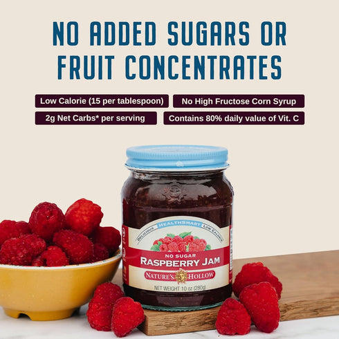 10oz Pack 6 Nature's Hollow Raspberry Jam: Sugar Free Jam and Preserves, Low Cal, Non GMO, Keto Jam, Vegan, Gluten