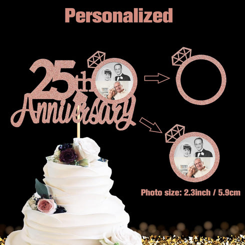 Sumerk 25th Anniversary Cake Topper, 13PCS Rose Gold Glitter Decorations Set for Wedding Celebration Party