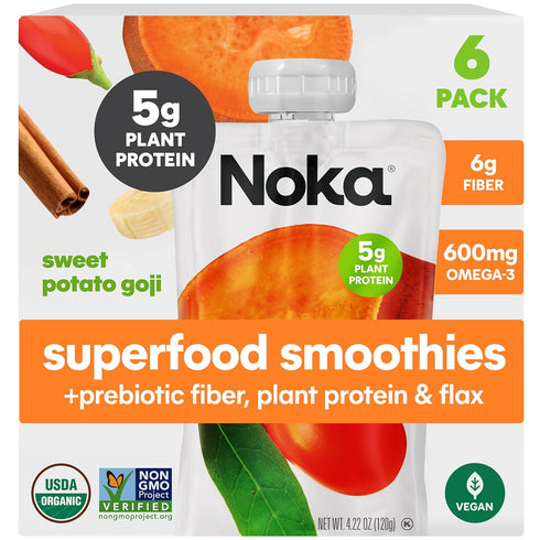 Noka Superfood Fruit Smoothie Pouches, Sweet Potato Goji, Healthy Snacks with Flax