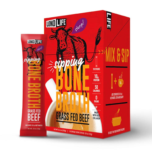 LonoLife Beef Bone Broth Powder Mix, Grass-Fed, 10g Protein, Collagen-Rich, Keto & Paleo Friendly, 10 Servings