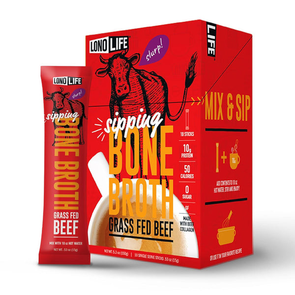 LonoLife Beef Bone Broth Powder Mix, Grass-Fed, 10g Protein, Collagen-Rich, Keto & Paleo Friendly, 10 Servings