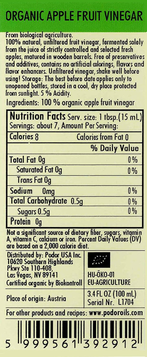 3.4 Oz. 100% PDR Premium Organic Apple Vinegar - fl. - Natural, Aged in Oak Barrels, Fermented, Unfiltered, Vegan