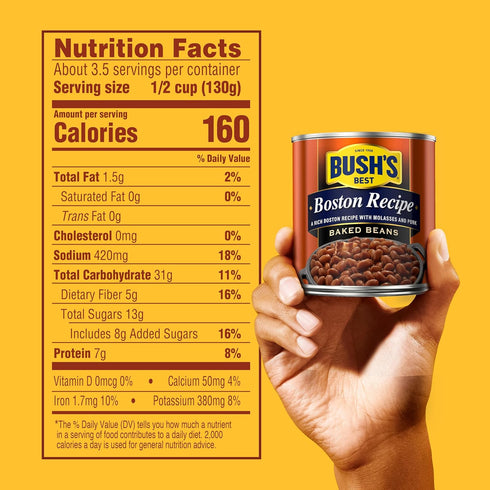 16 oz (Pack 12) BUSH'S BEST Canned Boston Recipe Baked Beans, Canned Baked Beans, Source of Plant Based Protein