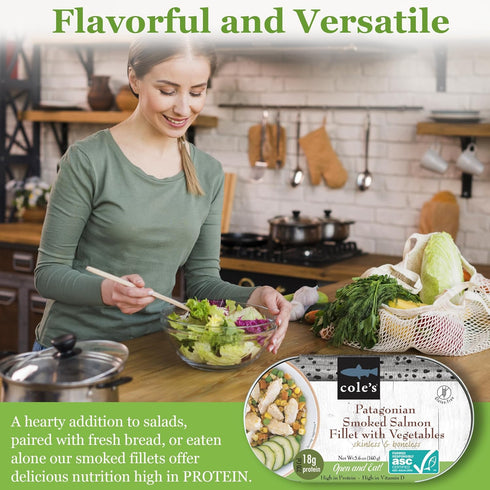 5.6 oz Hand-Packed 19g 1 COLES - Patagonian Smoked Salmon Fillet with Vegetables| Ready to Eat Meal | Canned & |