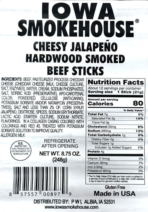 8.75 (12 (Pack 2) Iowa Smokehouse Cheesy Jalapeno Beef Sticks Hardwood Hickory Smoked Meat Sticks Ounce Sticks)