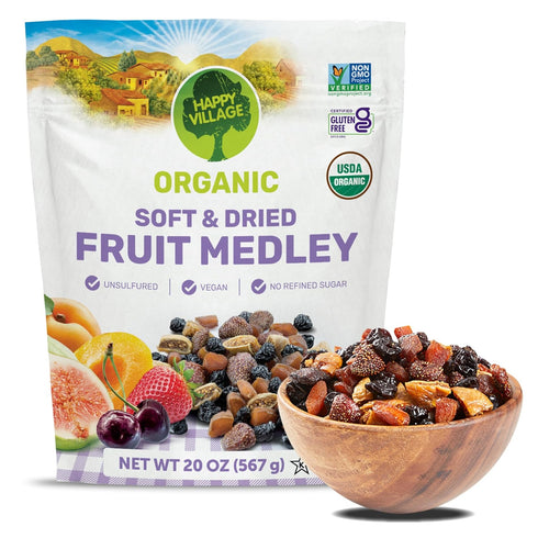 Happy Village Organic Dried Fruit Mix - Apricots, Figs, Strawberries & Tart