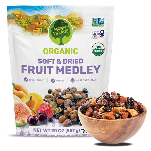 Happy Village Organic Dried Fruit Mix - Apricots, Figs, Strawberries & Tart