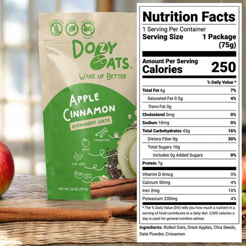 Dozy Packets, Multipack 12-Pack Oats Overnight Oatmeal Apple Cinnamon with Rolled Oats, Chia Seeds, Date Powder