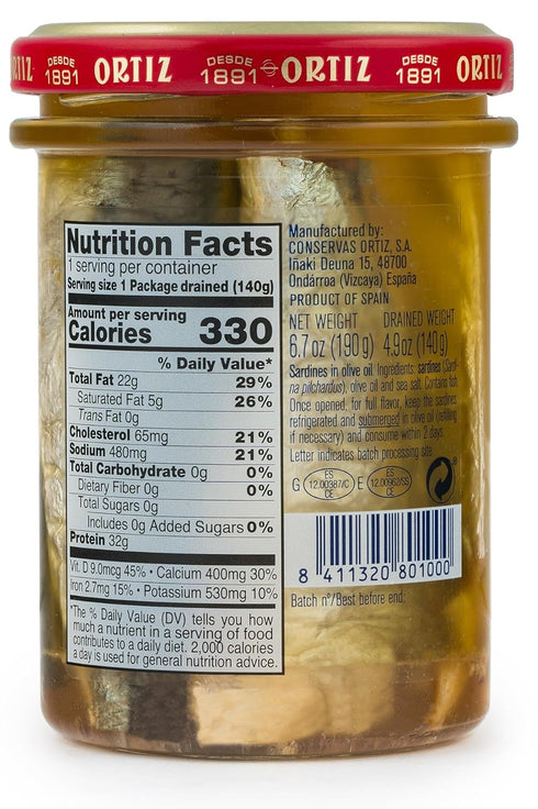 Ortiz Sardines A la Antiqua, Wild Caught in Spain, 6.7oz Jar, Hand-Packed in Olive Oil