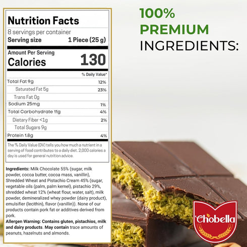 7oz, Chobella Dubai Chocolate Bar Pistachio, Premium Dubai Chocolate Bar with Pistachio Cream and Kataifi, Viral Candy