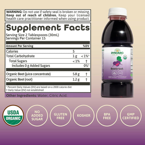 16 oz Dynamic Health Certified Organic Beetroot Juice Concentrate, No Added Sugar, Artificial Colors, Preservatives
