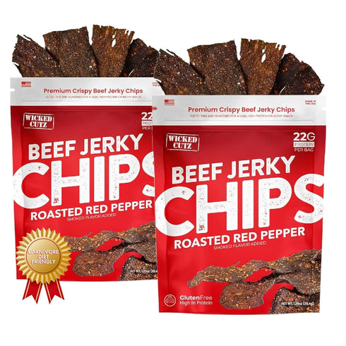 Wicked Cutz Roasted Red Pepper Beef Jerky Chips, 22g Protein per Bag,