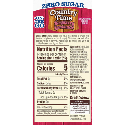 Country 6 Packets, 8 Time Zero Sugar Raspberry Lemonade Powdered Drink Mix, ct On-the-Go per Case