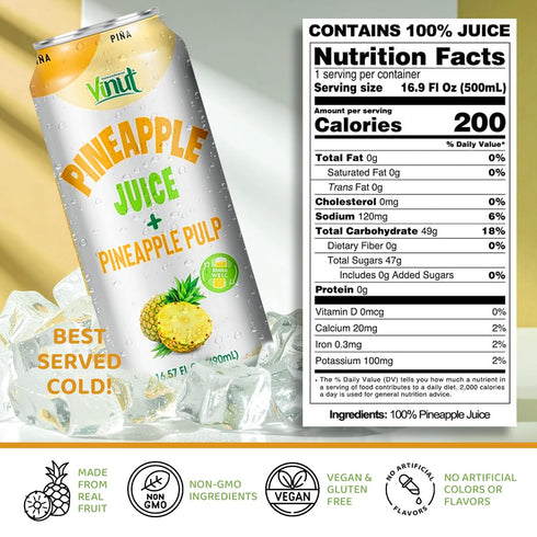 (16.57 oz, Pack 12) Vinut Natural Pineapple Juice Drink with Pulp, fl of Real Pineapple Juice, No Sugar Added, Gluten