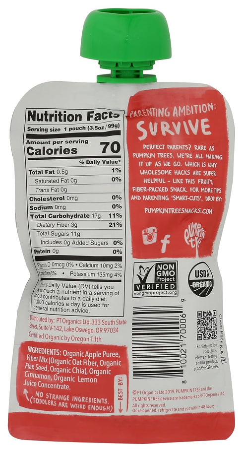 3.5 Oz Pumpkin Tree Organic Fruit Pouch Applesauce with Cinnamon Fiber Gluten Nut Dairy Free Snack for Kids, Apple