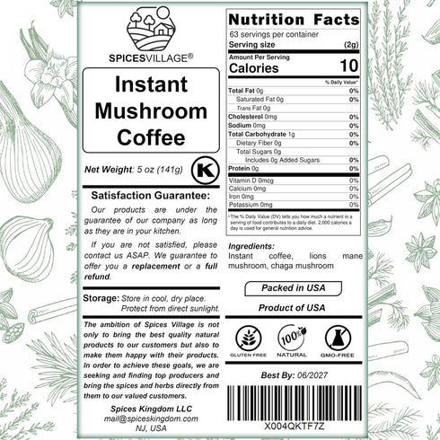 5 oz (63 Instant Mushroom Coffee, Mushroom Coffee Ground, Servings), Arabica, Kosher