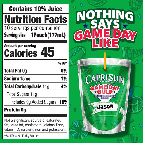 10 6 oz Capri Sun Game Day Gulp Juice Drink Blend Juice Boxes, Pouches, For School Lunches and Tailgates, All Natural